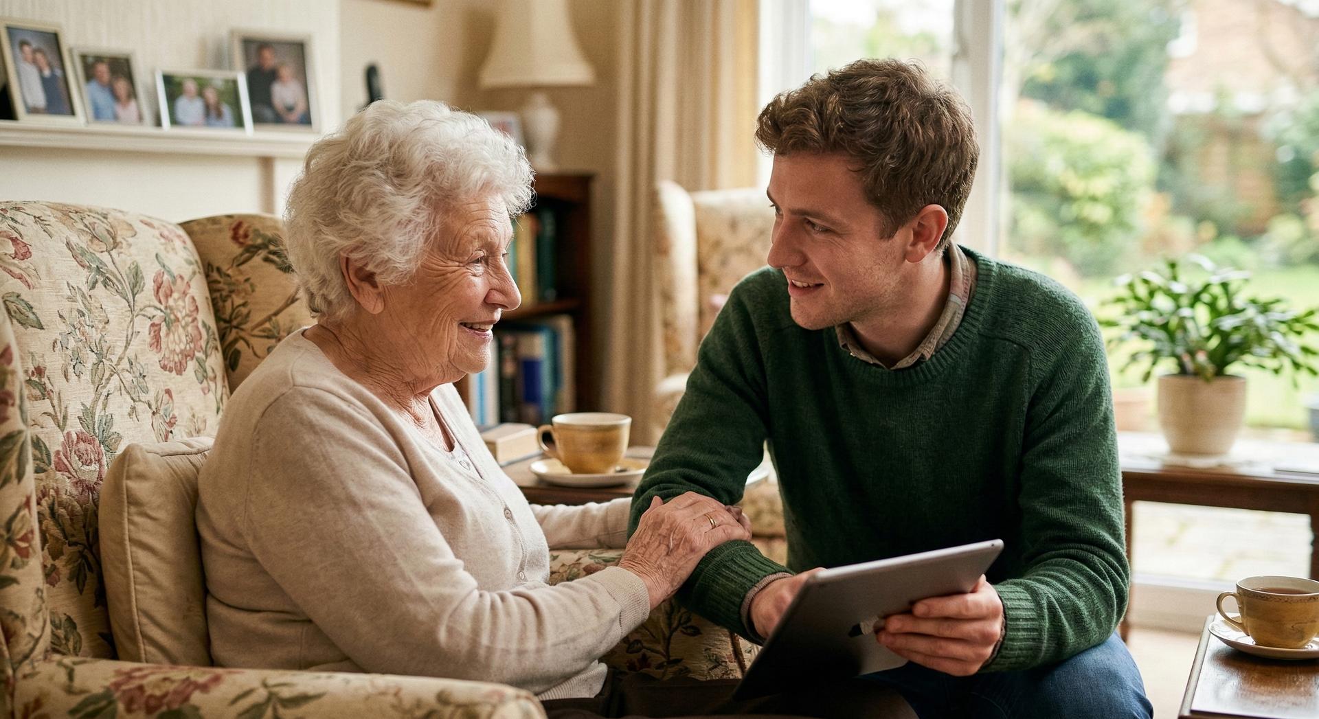 Senior woman and caregiver reviewing information together on a tablet in a cozy living room
